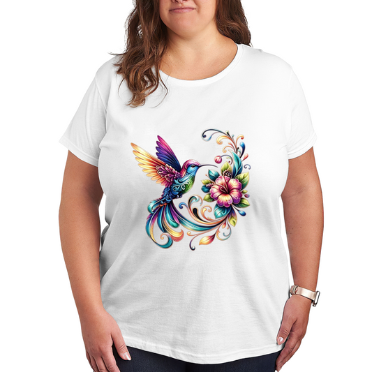 Rainbow Swirl Hummingbird Hibiscus Flower Art Plus Size Ladies Printed T-Shirt