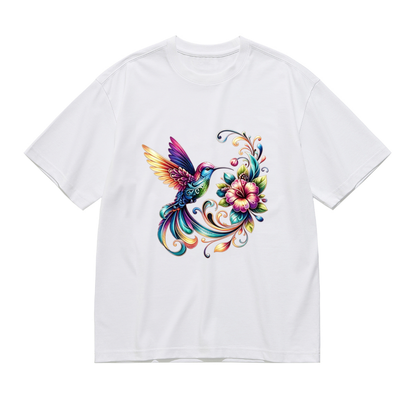 Rainbow Swirl Hummingbird Hibiscus Flower Art Plus Size Ladies Printed T-Shirt