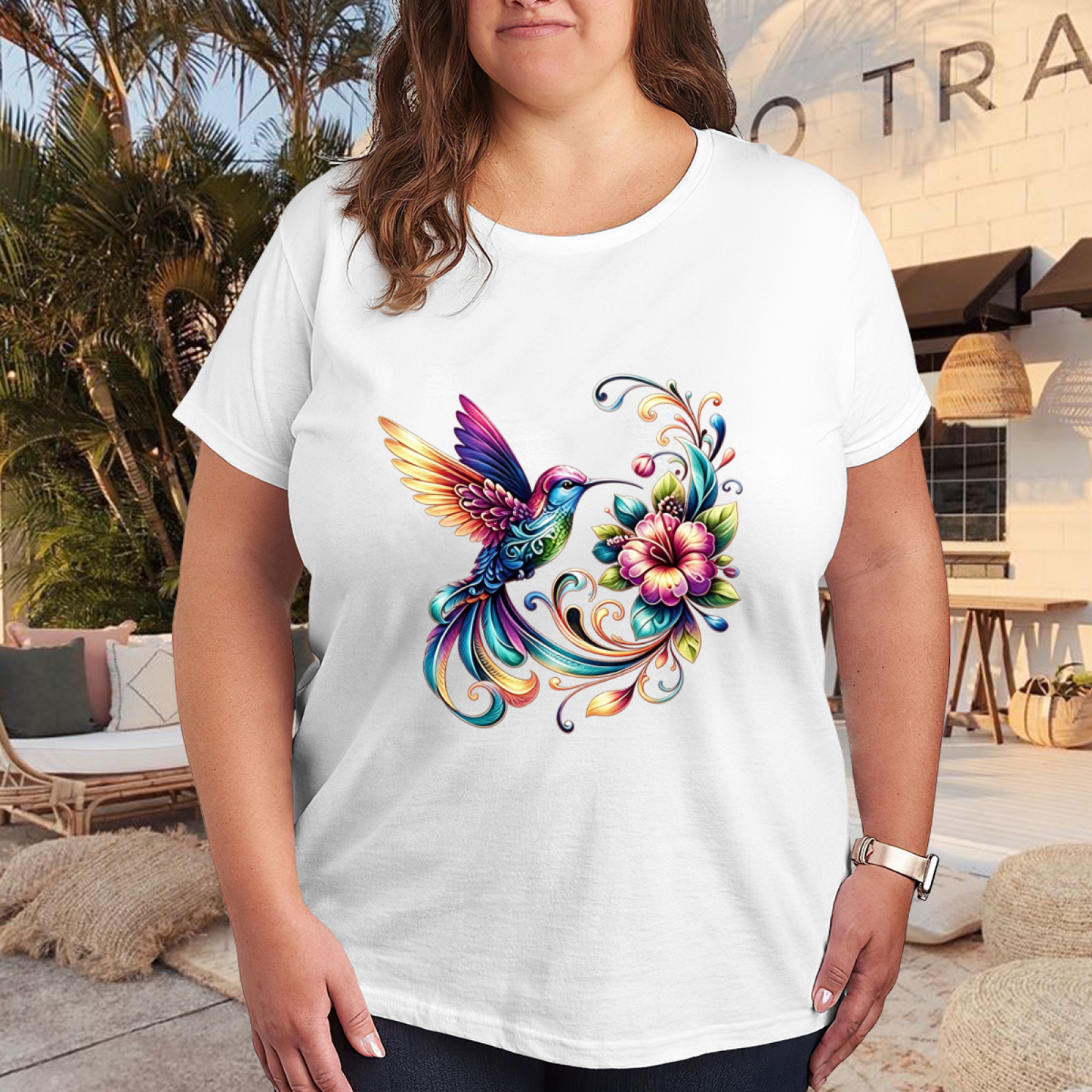 Rainbow Swirl Hummingbird Hibiscus Flower Art Plus Size Ladies Printed T-Shirt
