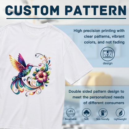 Rainbow Swirl Hummingbird Hibiscus Flower Art Plus Size Ladies Printed T-Shirt