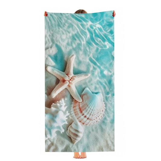 Clear Seawater Starfish Seashell Realistic Beach Towel, Velvety Soft & Fast Absorbent, Diverse Length Specs Create Ultra Comfortable Beach Experience