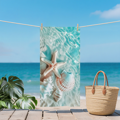 Clear Seawater Starfish Seashell Realistic Beach Towel, Velvety Soft & Fast Absorbent, Diverse Length Specs Create Ultra Comfortable Beach Experience