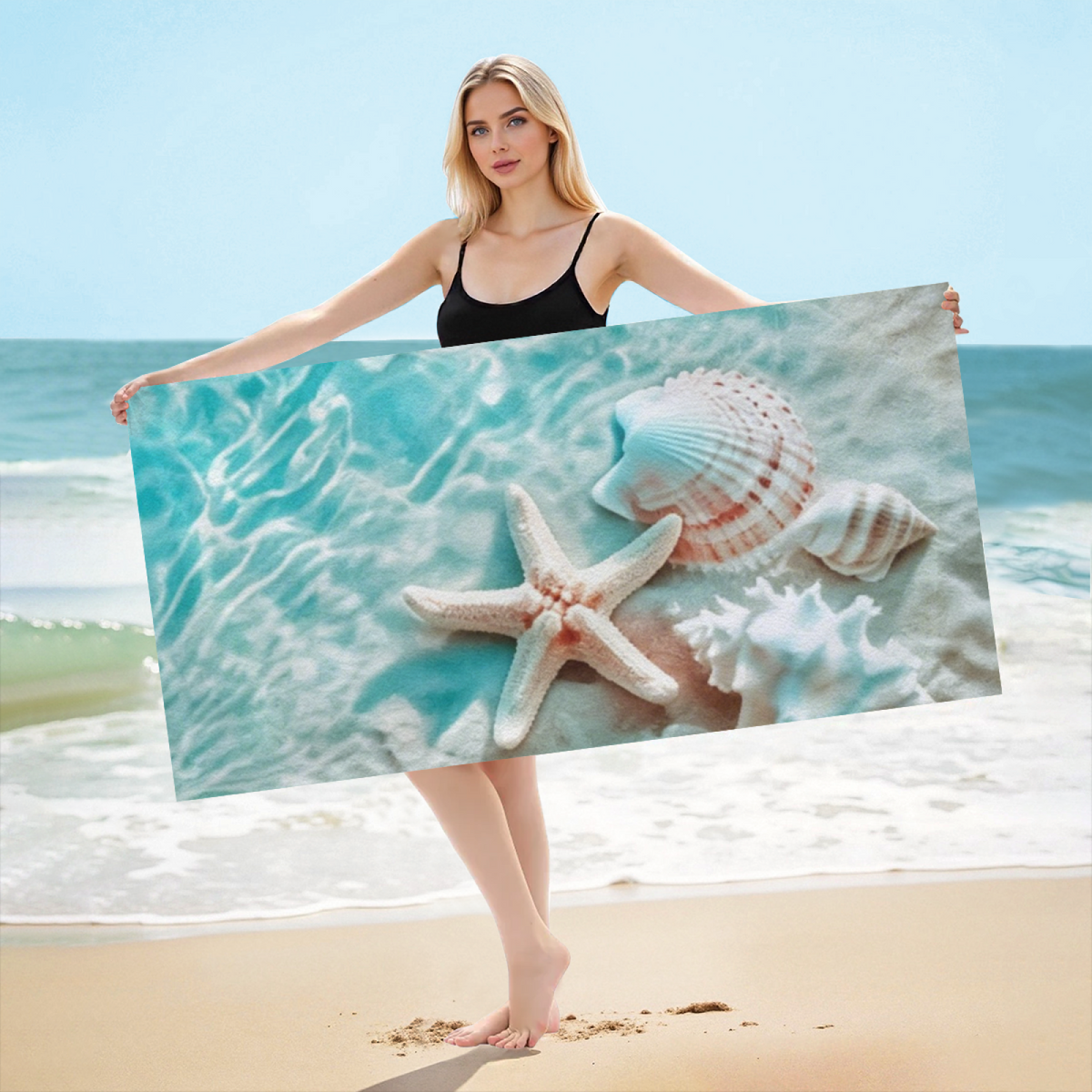 Clear Seawater Starfish Seashell Realistic Beach Towel, Velvety Soft & Fast Absorbent, Diverse Length Specs Create Ultra Comfortable Beach Experience