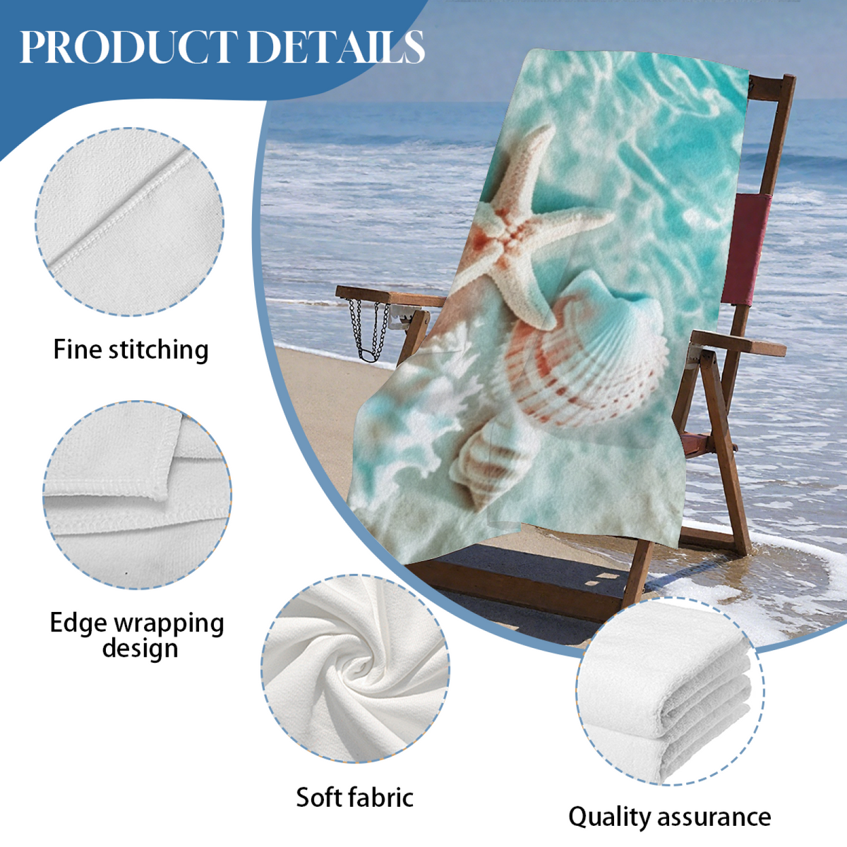 Clear Seawater Starfish Seashell Realistic Beach Towel, Velvety Soft & Fast Absorbent, Diverse Length Specs Create Ultra Comfortable Beach Experience