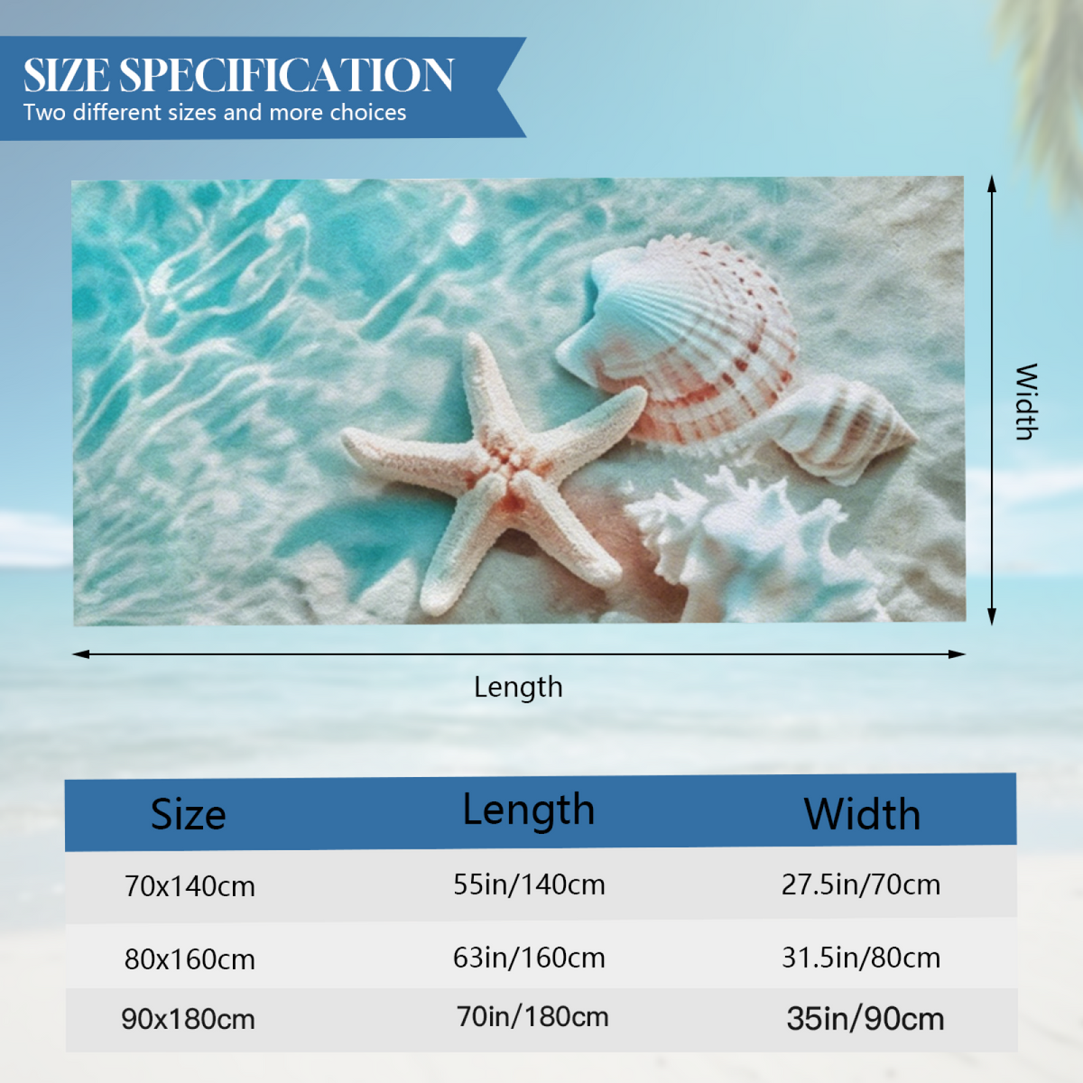Clear Seawater Starfish Seashell Realistic Beach Towel, Velvety Soft & Fast Absorbent, Diverse Length Specs Create Ultra Comfortable Beach Experience
