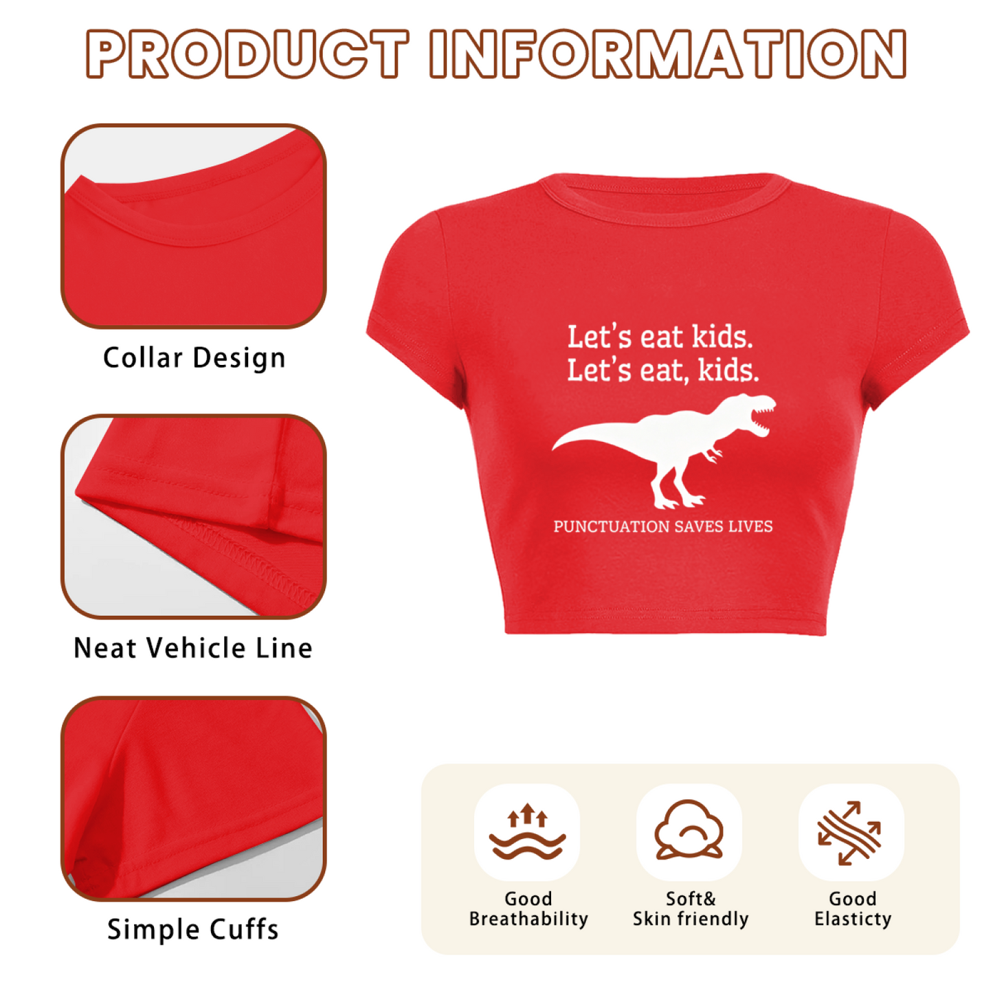 Funny Grammar Dinosaur Red Crop Tee ¨C Punctuation Saves Lives Teacher Top 6.