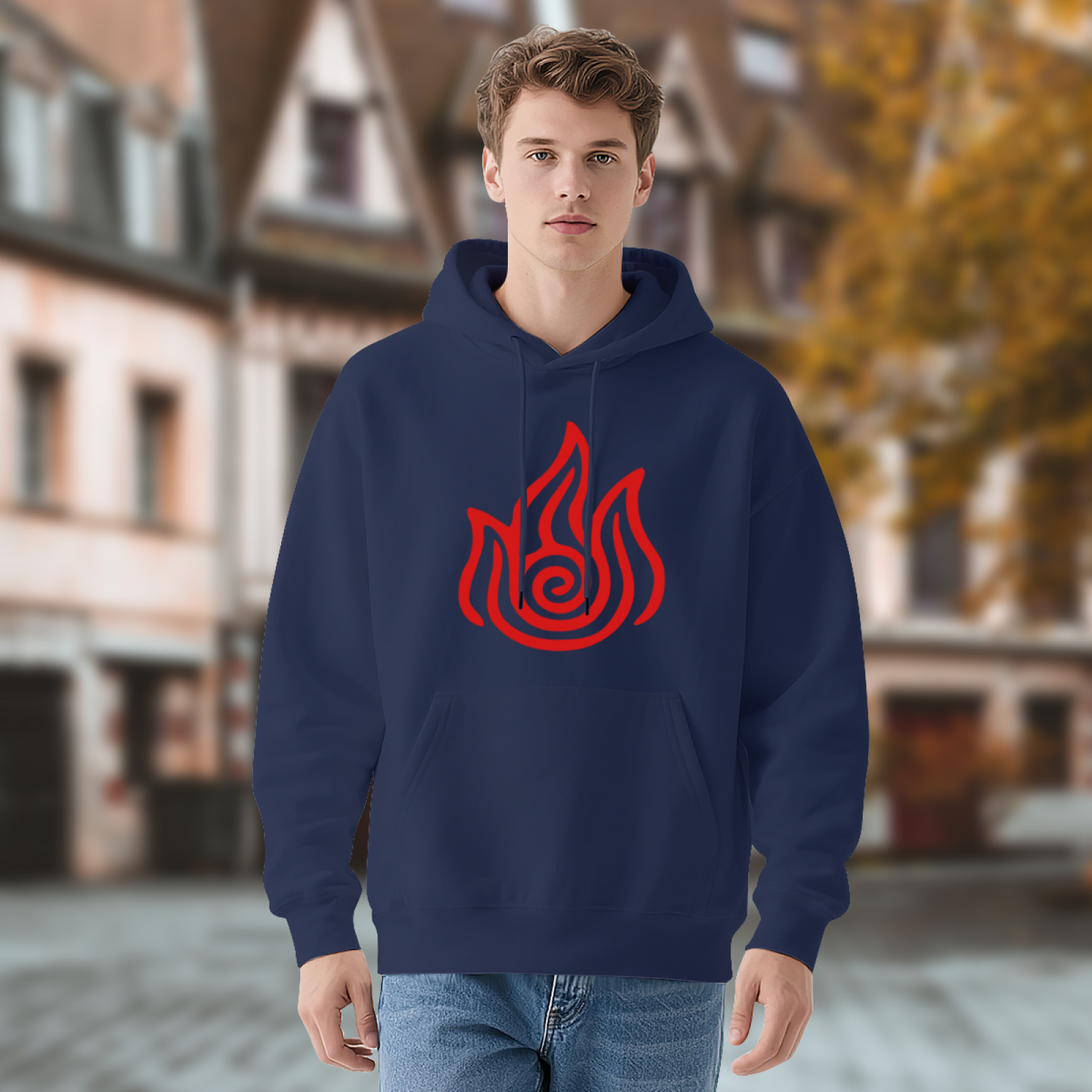 Mystic Red Flame Symbol Navy Hoodie, Versatile Unisex Comfort Hooded Top