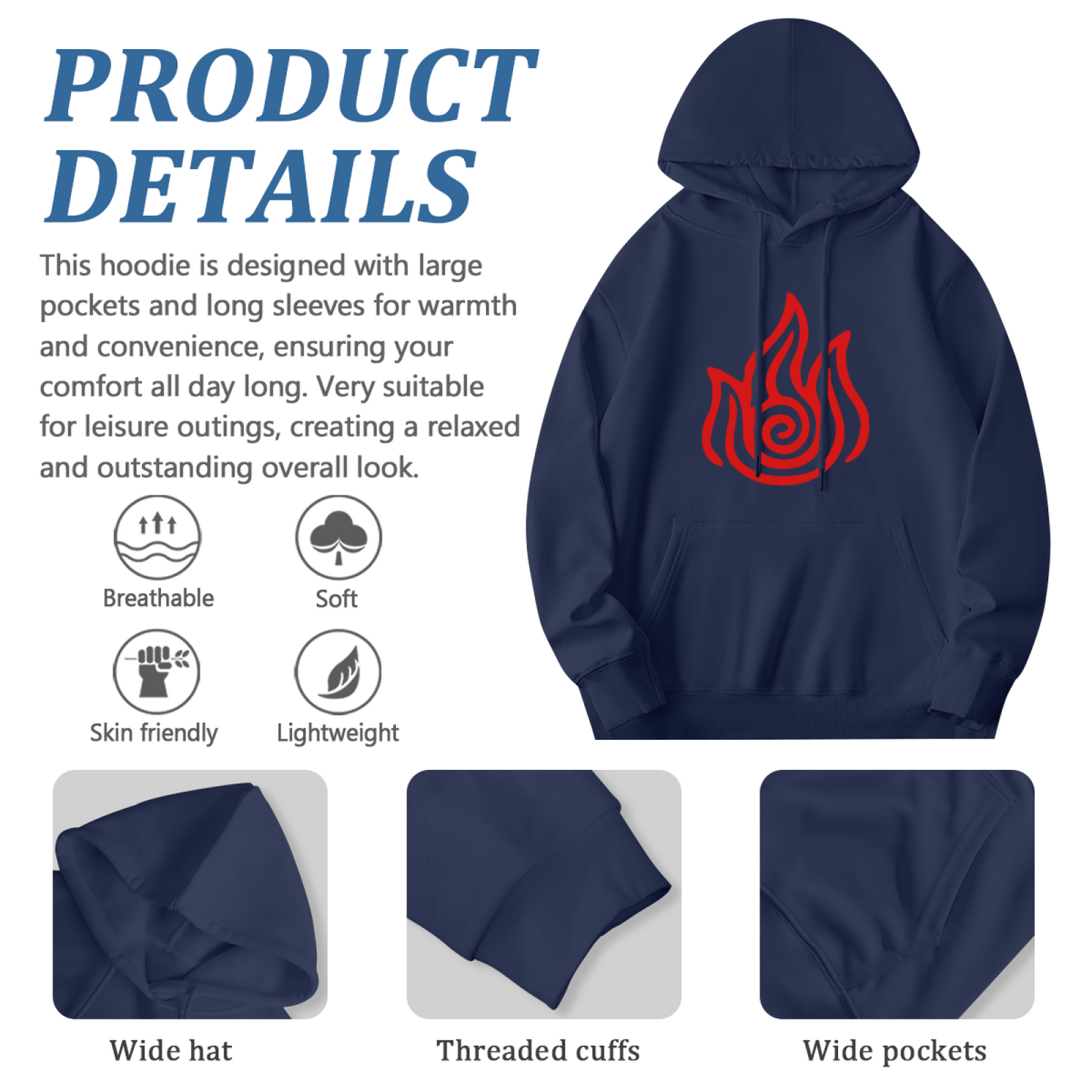 Mystic Red Flame Symbol Navy Hoodie, Versatile Unisex Comfort Hooded Top