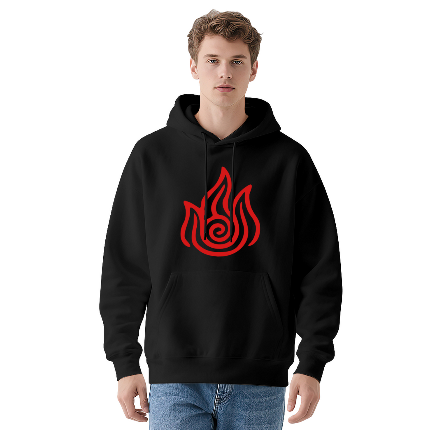Mystic Red Flame Symbol Navy Hoodie, Versatile Unisex Comfort Hooded Top