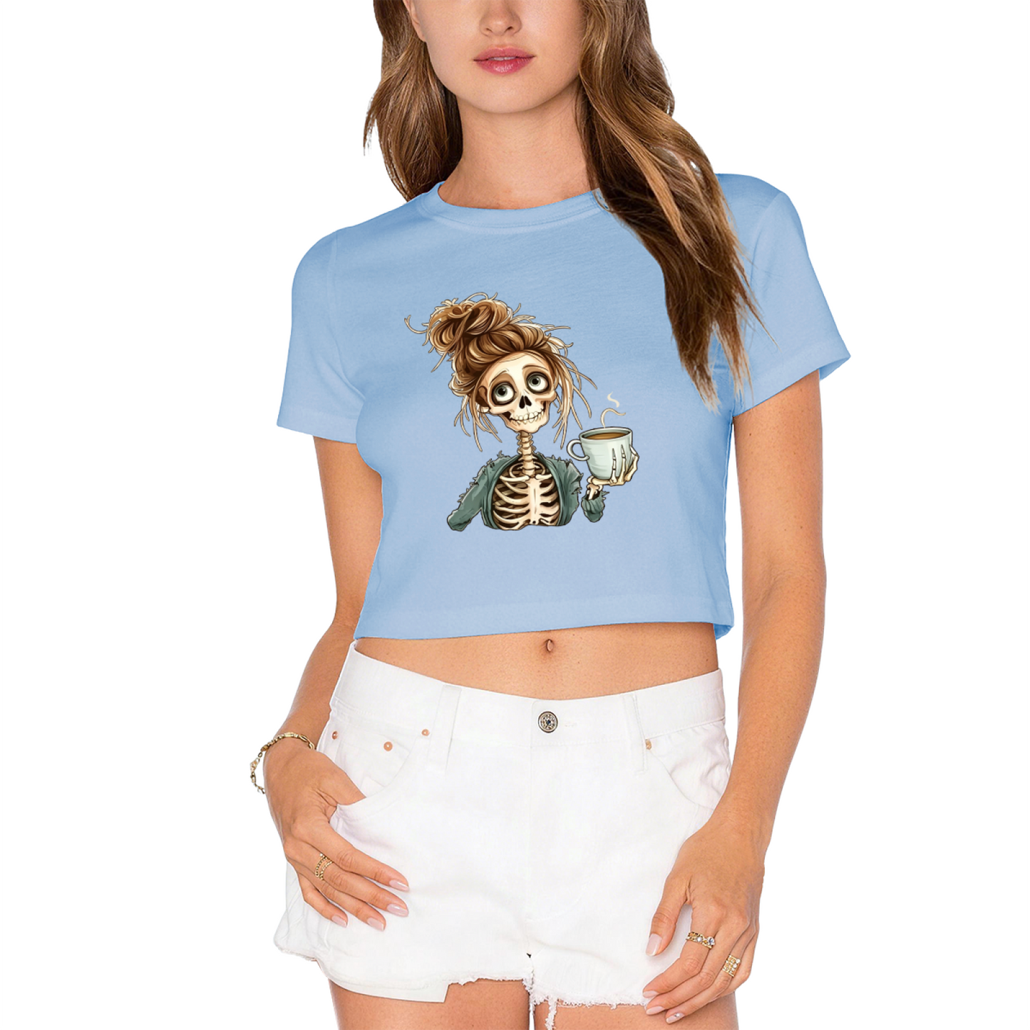 Messy Bun Caffeine Skeleton Spooky Cute White Crop Top