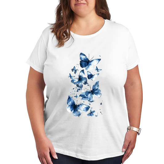 Watercolor Blue Gradient Butterflies Plus Size Ladies T-Shirt