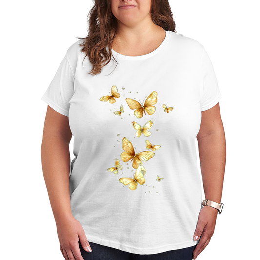 Elegant Golden Glitter Flying Butterflies Plus Size Women¡¯s Printed T-Shirt
