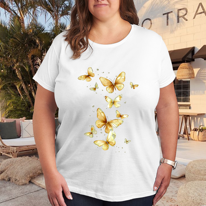 Elegant Golden Glitter Flying Butterflies Plus Size Women¡¯s Printed T-Shirt