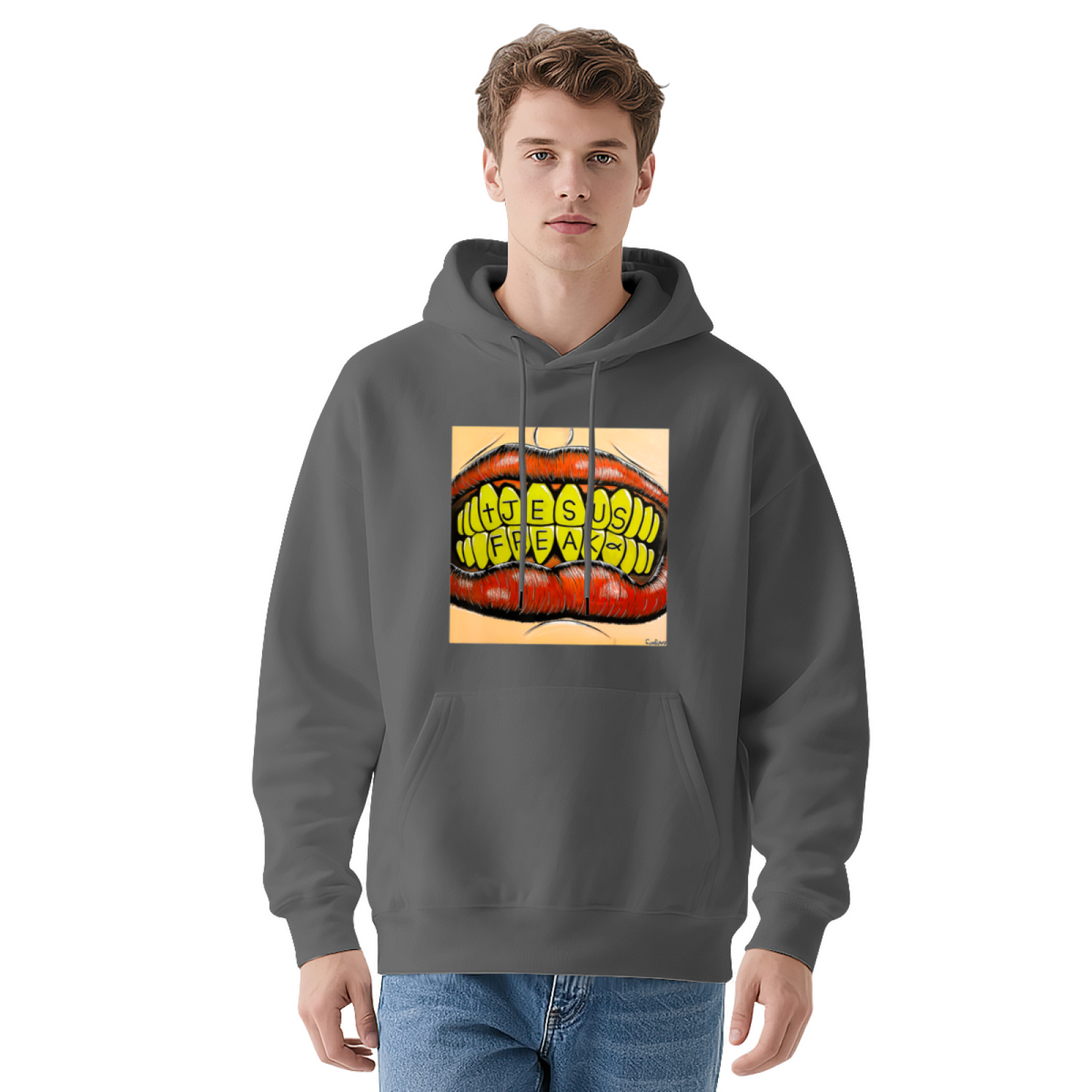 Jesus Freak Mouth Graphic Black Hoodie, Men Street Comfort Hooded Top