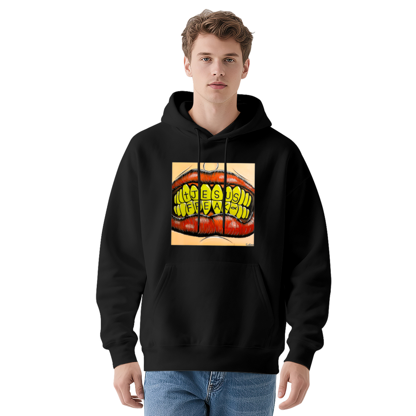 Jesus Freak Mouth Graphic Black Hoodie, Men Street Comfort Hooded Top