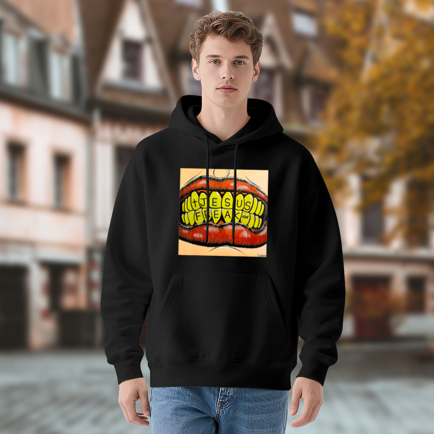 Jesus Freak Mouth Graphic Black Hoodie, Men Street Comfort Hooded Top