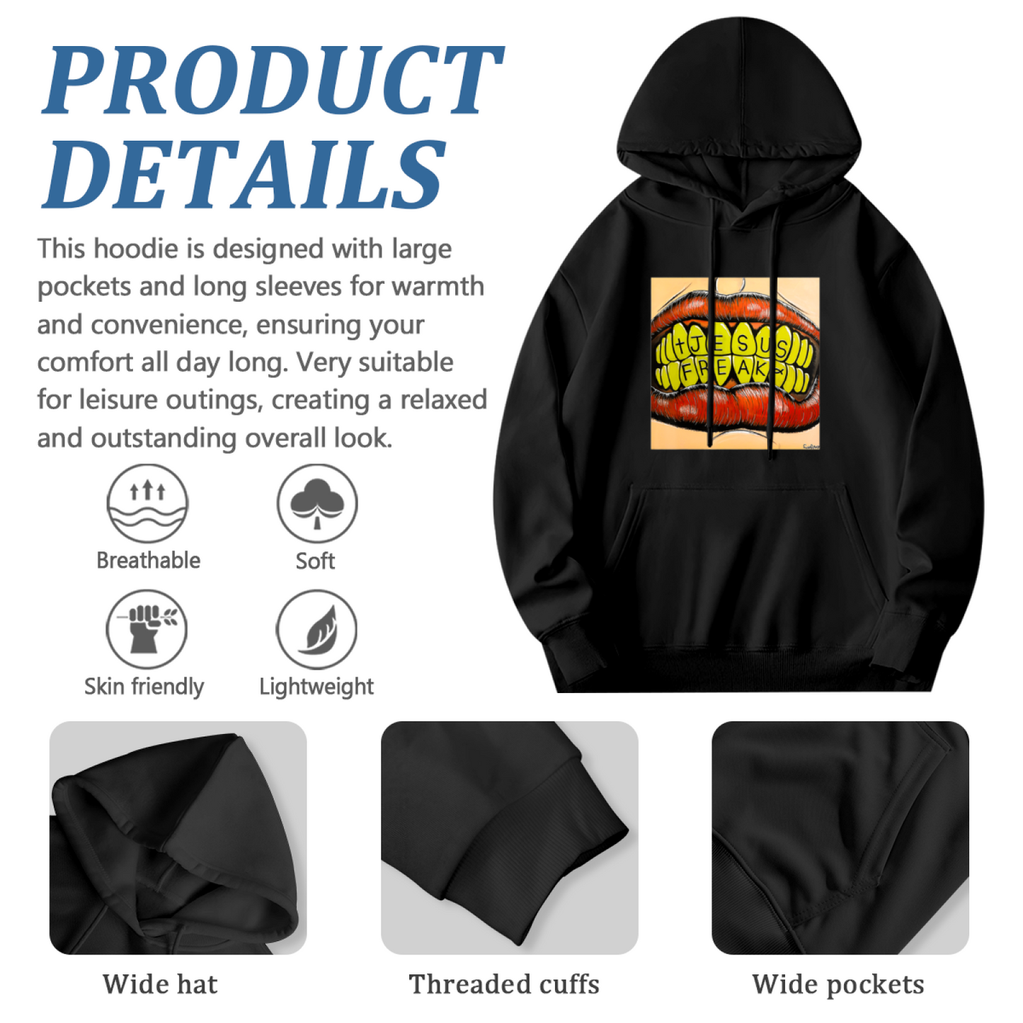 Jesus Freak Mouth Graphic Black Hoodie, Men Street Comfort Hooded Top