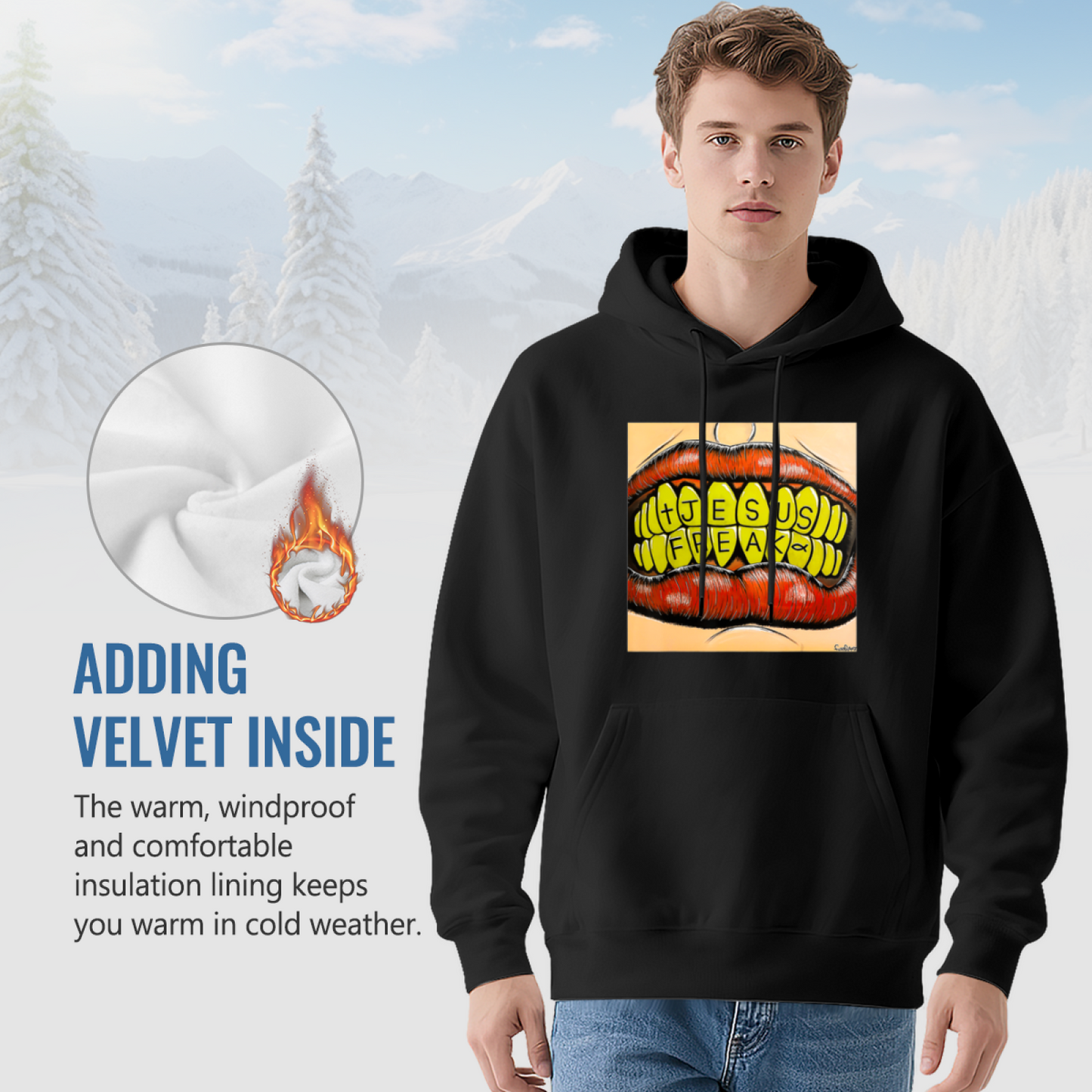Jesus Freak Mouth Graphic Black Hoodie, Men Street Comfort Hooded Top