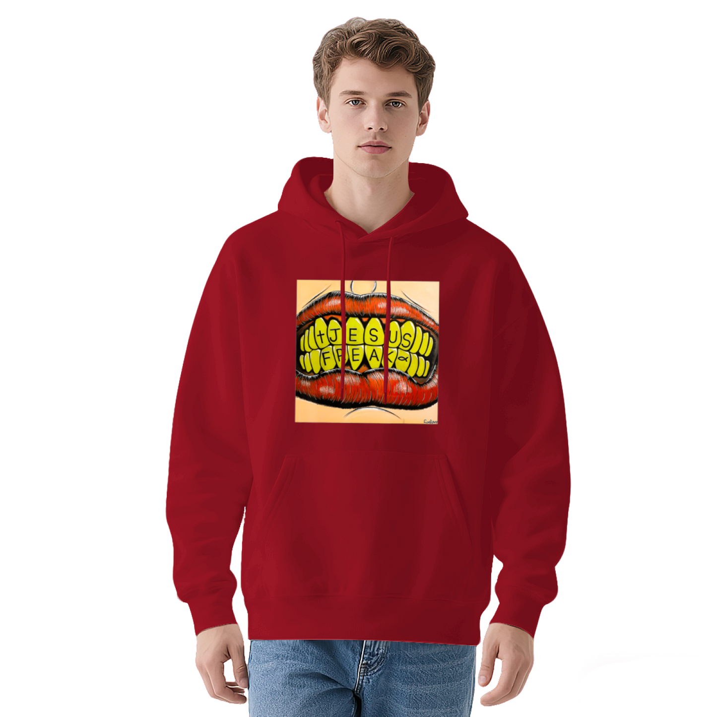 Jesus Freak Mouth Graphic Black Hoodie, Men Street Comfort Hooded Top