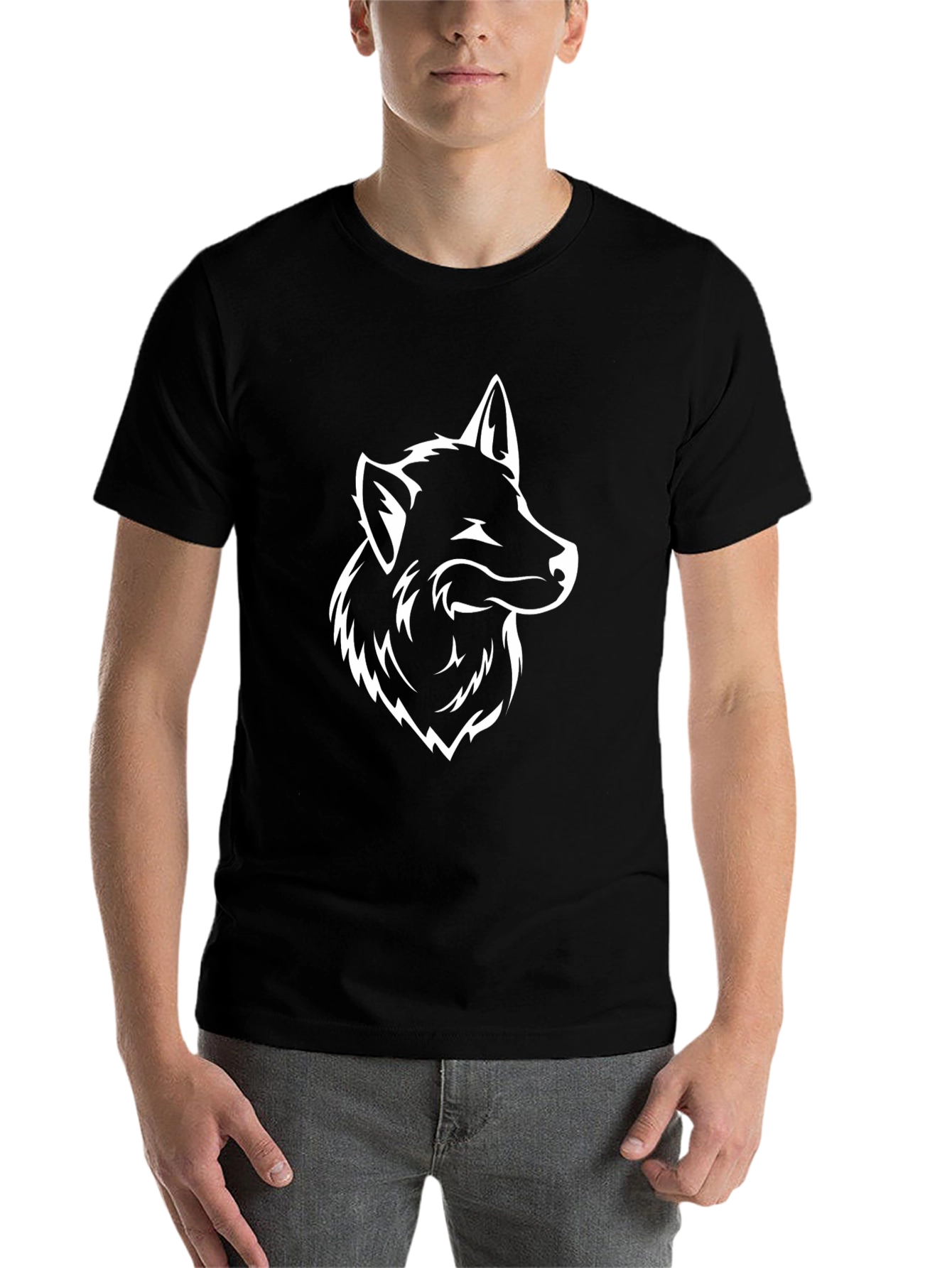 Mens Black T-Shirt with Wolf Graphic
