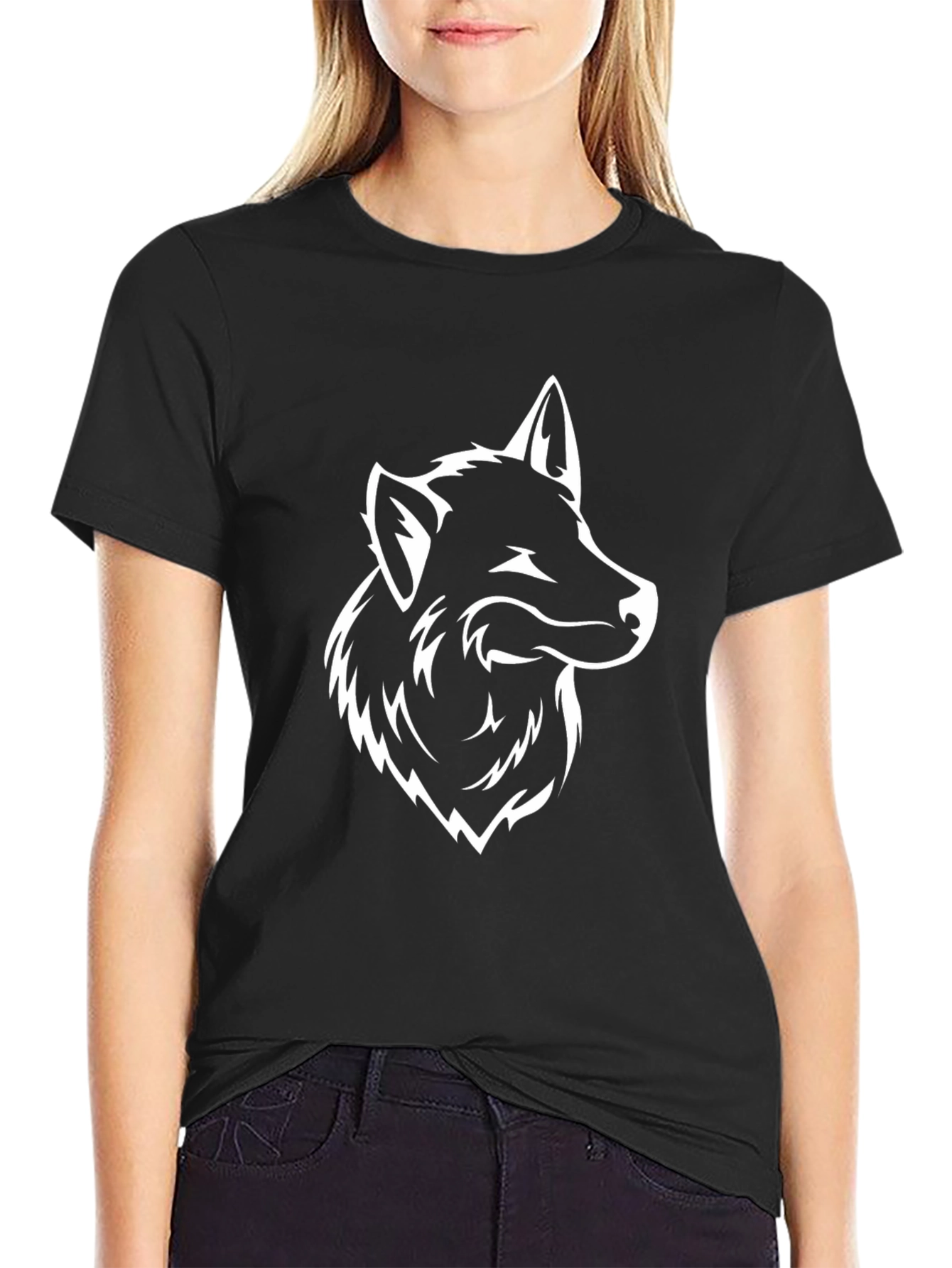 Mens Black T-Shirt with Wolf Graphic