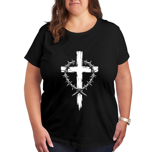 Wooden Cross Crown Of Thorns Christian Faith Plus Size Women T-Shirt