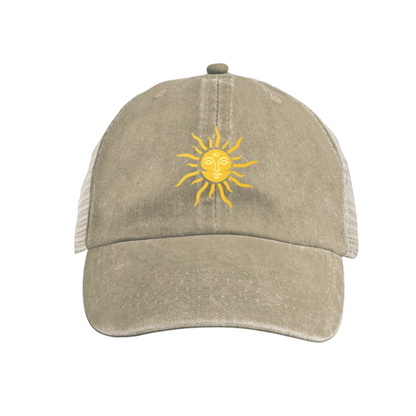 Face Sun Graphic Bright Blue Washed Mesh Trucker Cap, Bohemian Summer Retro Hat