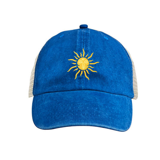 Face Sun Graphic Bright Blue Washed Mesh Trucker Cap, Bohemian Summer Retro Hat