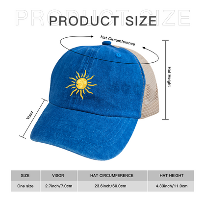 Face Sun Graphic Bright Blue Washed Mesh Trucker Cap, Bohemian Summer Retro Hat