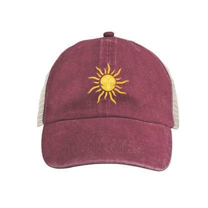 Face Sun Graphic Bright Blue Washed Mesh Trucker Cap, Bohemian Summer Retro Hat