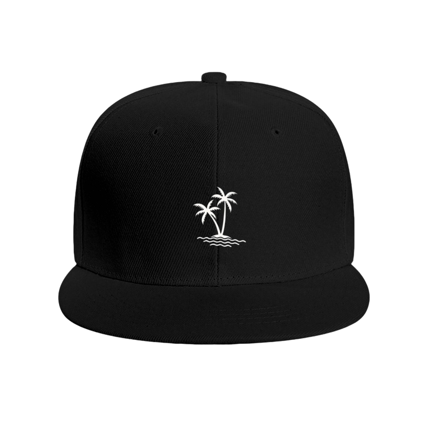 Twin Palm Tree Island Wave Black Flat Brim Snapback Sun Hat, Summer Vacation Beach Cap