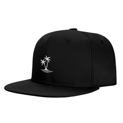 Twin Palm Tree Island Wave Black Flat Brim Snapback Sun Hat, Summer Vacation Beach Cap