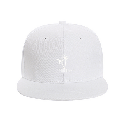 Twin Palm Tree Island Wave Black Flat Brim Snapback Sun Hat, Summer Vacation Beach Cap