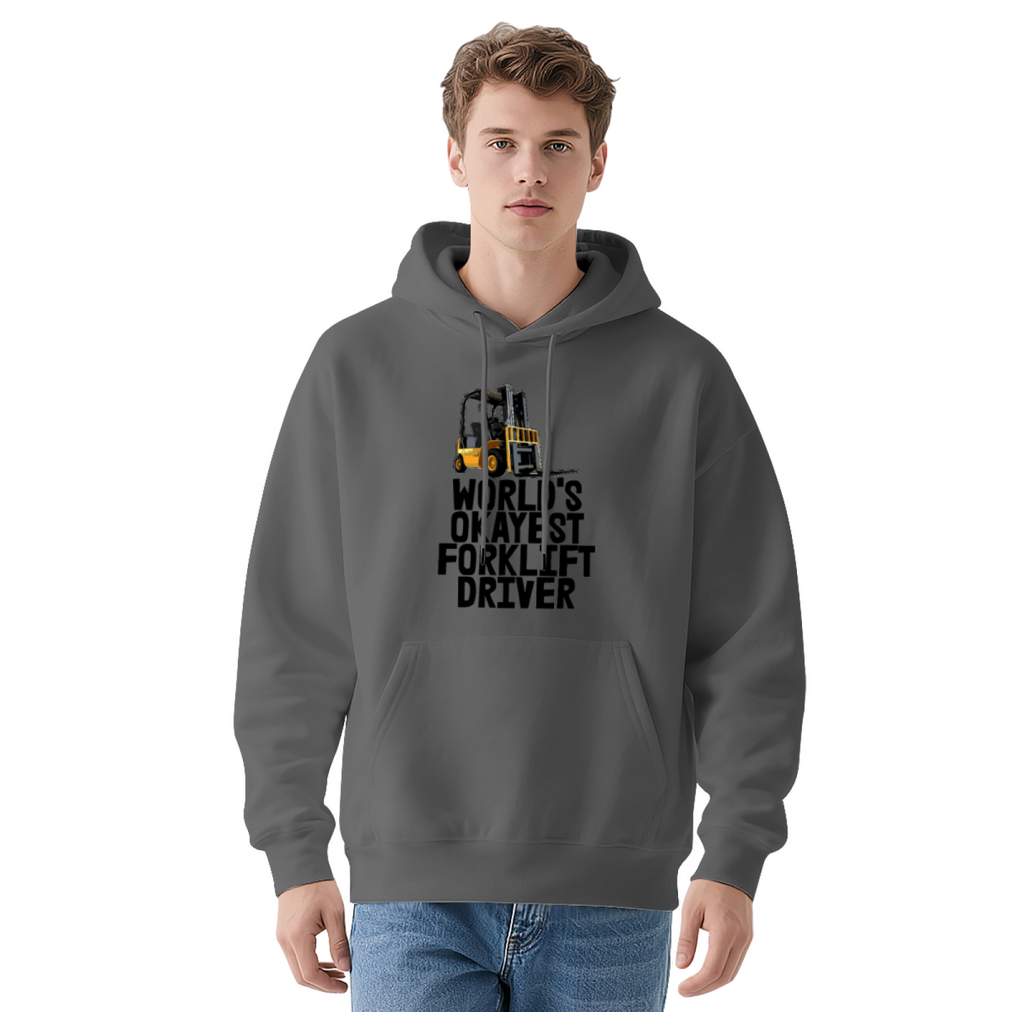 World¡¯s Okayest Forklift Driver Graphic White Hoodie, Soft Warehouse Worker Hoodie For Men