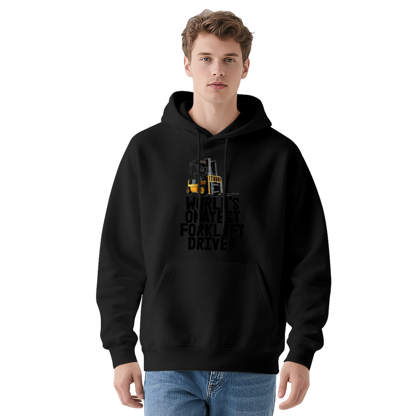 World¡¯s Okayest Forklift Driver Graphic White Hoodie, Soft Warehouse Worker Hoodie For Men