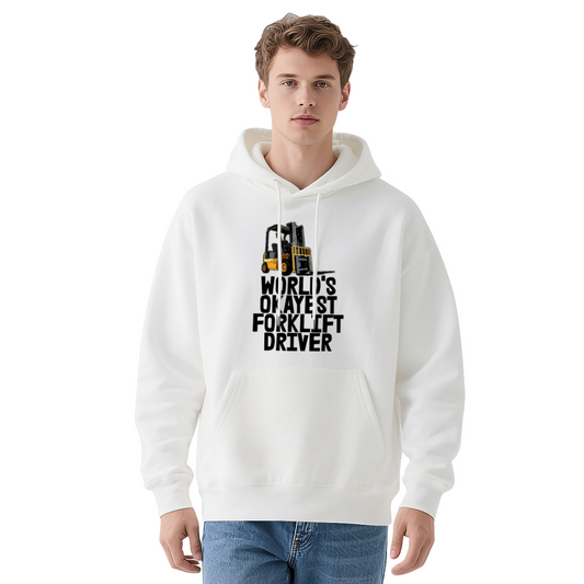 World¡¯s Okayest Forklift Driver Graphic White Hoodie, Soft Warehouse Worker Hoodie For Men