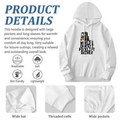 World¡¯s Okayest Forklift Driver Graphic White Hoodie, Soft Warehouse Worker Hoodie For Men