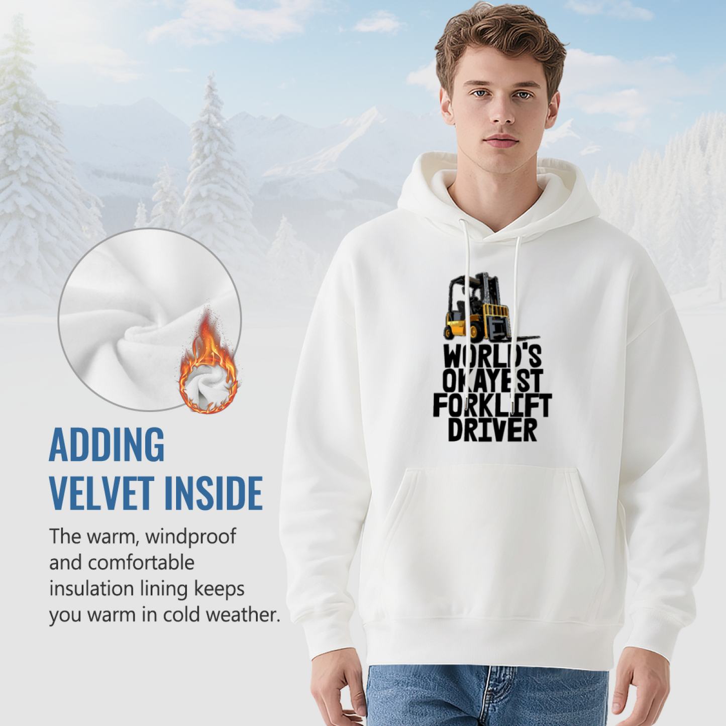World¡¯s Okayest Forklift Driver Graphic White Hoodie, Soft Warehouse Worker Hoodie For Men