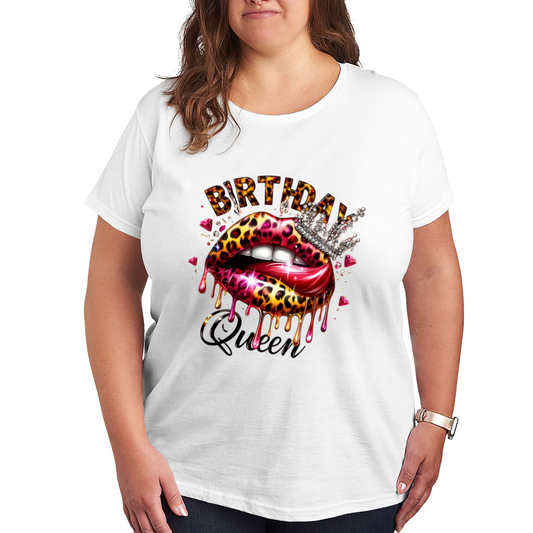 Leopard Print Drip Lips Birthday Queen Diamond Crown White Plus Size Women Printed T-Shirt