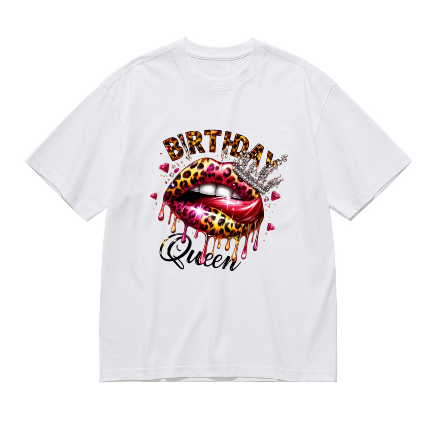 Leopard Print Drip Lips Birthday Queen Diamond Crown White Plus Size Women Printed T-Shirt