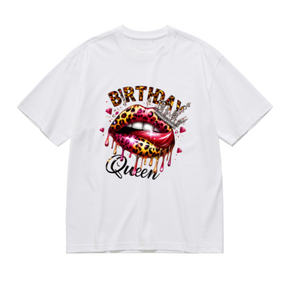 Leopard Print Drip Lips Birthday Queen Diamond Crown White Plus Size Women Printed T-Shirt