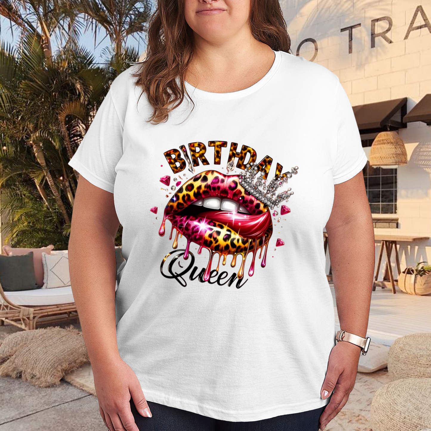 Leopard Print Drip Lips Birthday Queen Diamond Crown White Plus Size Women Printed T-Shirt