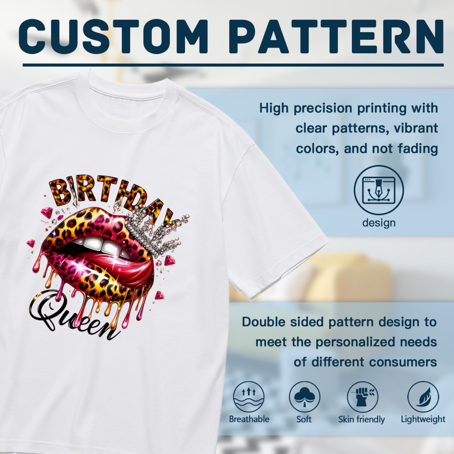 Leopard Print Drip Lips Birthday Queen Diamond Crown White Plus Size Women Printed T-Shirt