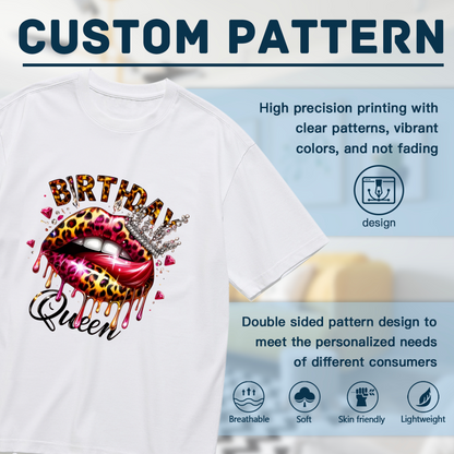 Leopard Print Drip Lips Birthday Queen Diamond Crown White Plus Size Women Printed T-Shirt