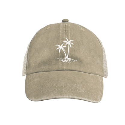 Twin Palm Tree Ocean Island Mustard Vintage Mesh Summer Vacation Cap