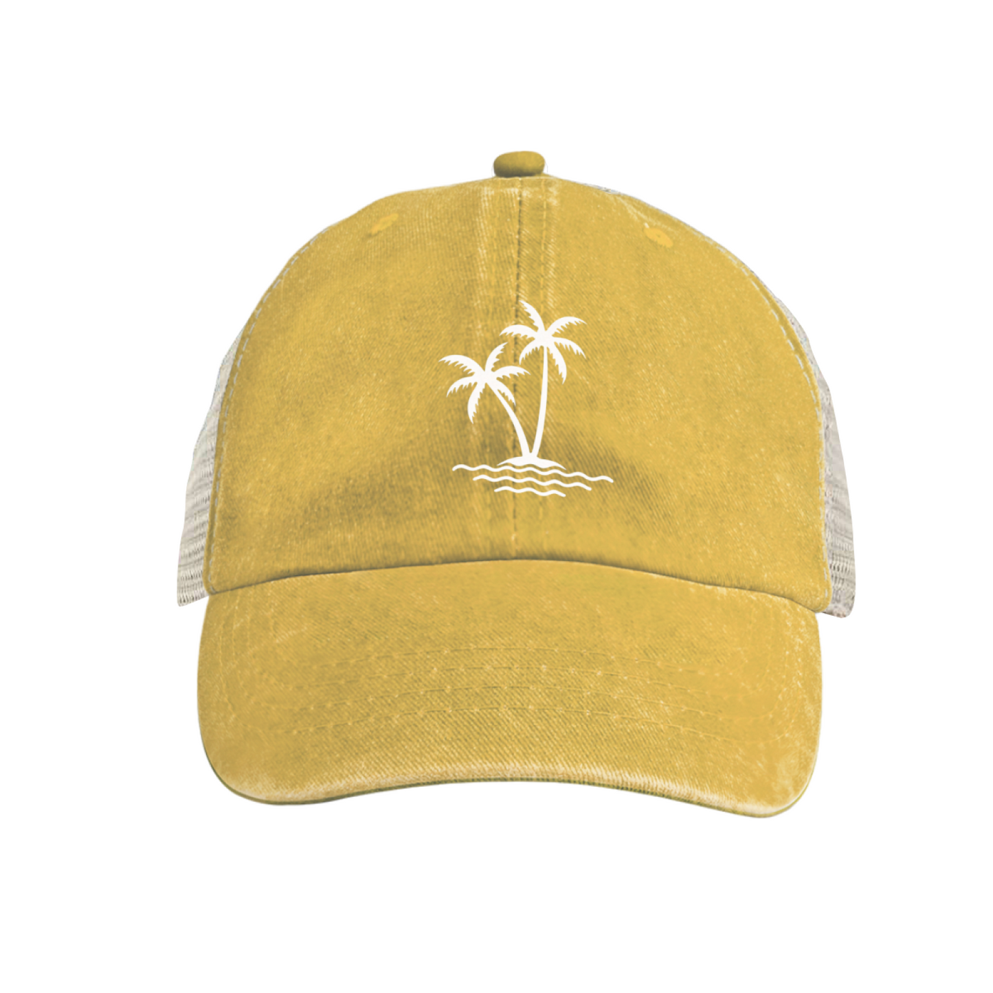 Twin Palm Tree Ocean Island Mustard Vintage Mesh Summer Vacation Cap