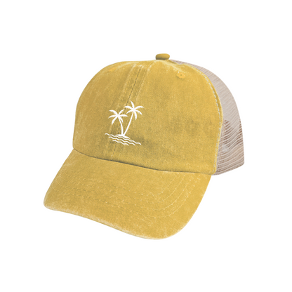 Twin Palm Tree Ocean Island Mustard Vintage Mesh Summer Vacation Cap