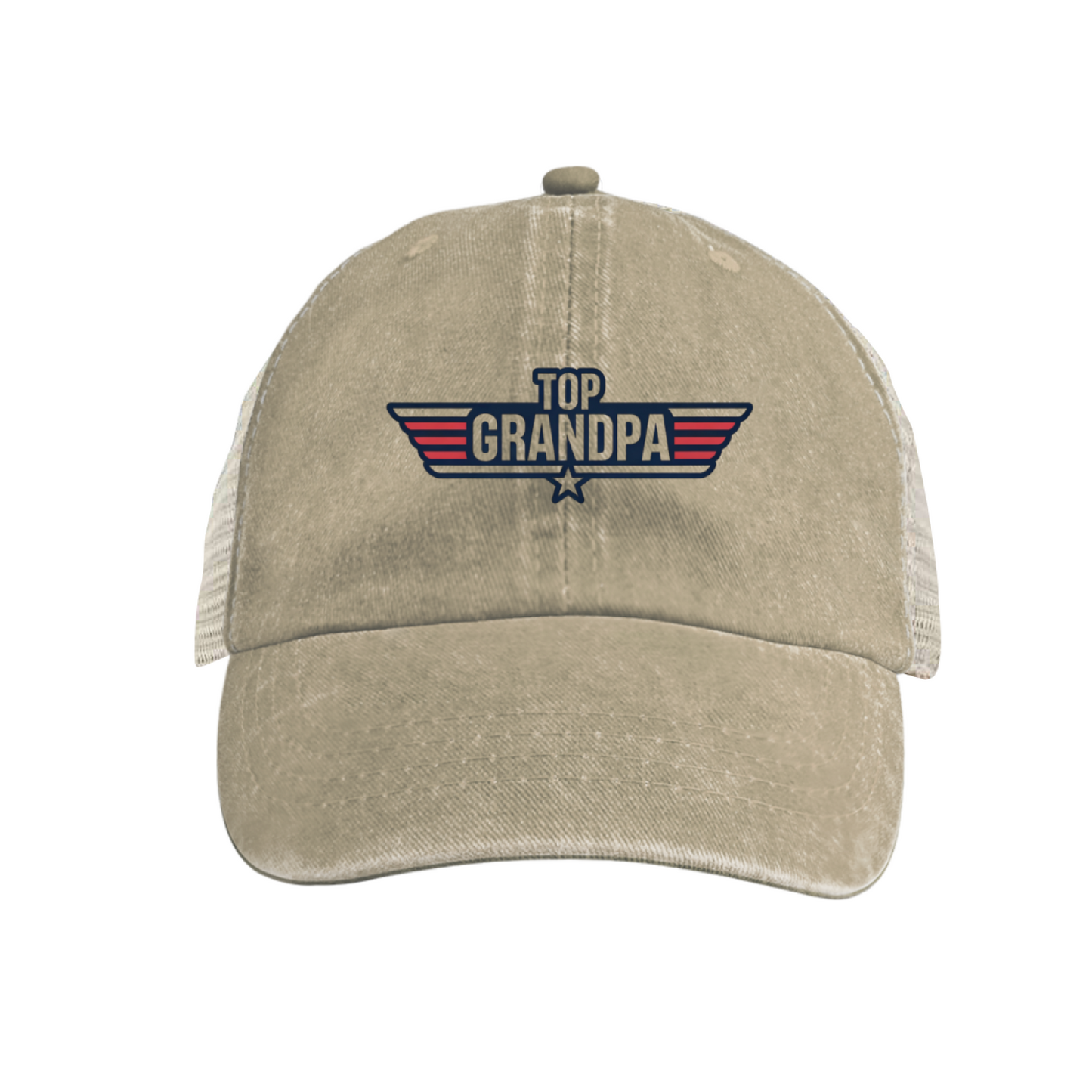 Top Grandpa Wing Star Khaki Washed Mesh Trucker Hat Cool Grandfather Gift Cap