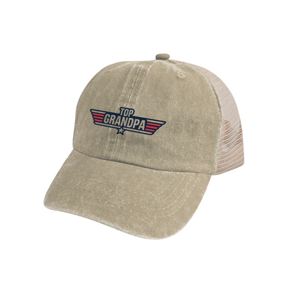 Top Grandpa Wing Star Khaki Washed Mesh Trucker Hat Cool Grandfather Gift Cap