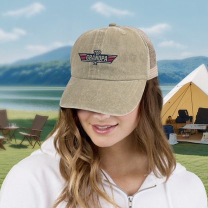 Top Grandpa Wing Star Khaki Washed Mesh Trucker Hat Cool Grandfather Gift Cap